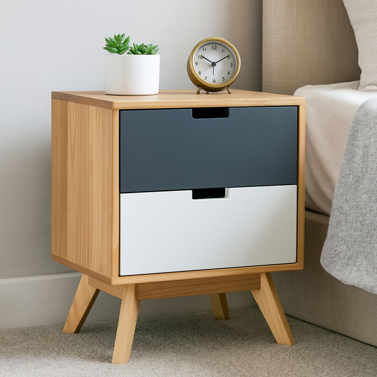 Grey & White Two-Drawer Bedside Table With Natural Wood Frame, Watson