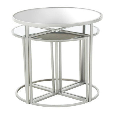 Set Of 5 Glass Top Silver Frame Nesting Tables With Geometric Design, Farran