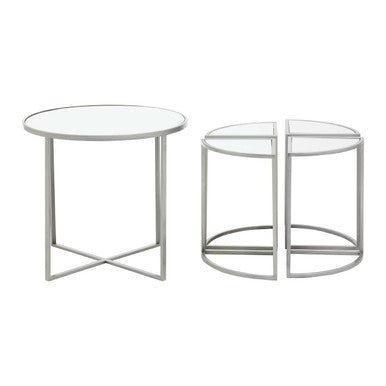 Set Of 5 Glass Top Silver Frame Nesting Tables With Geometric Design, Farran
