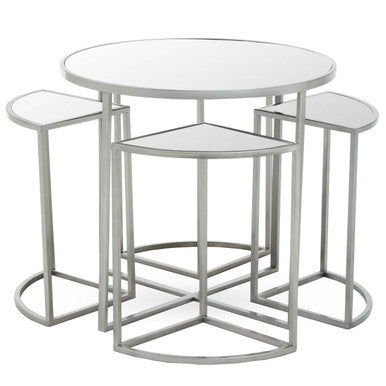 Set Of 5 Glass Top Silver Frame Nesting Tables With Geometric Design, Farran