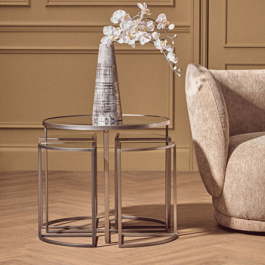 Set Of 5 Glass Top Silver Frame Nesting Tables With Geometric Design, Farran