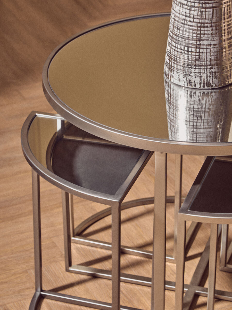 Set Of 5 Glass Top Silver Frame Nesting Tables With Geometric Design, Farran