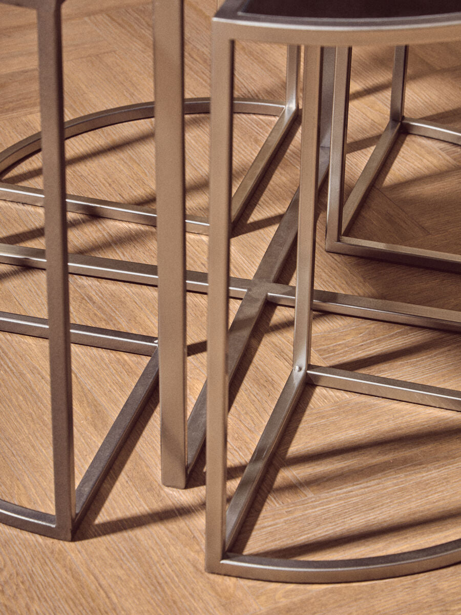Set Of 5 Glass Top Silver Frame Nesting Tables With Geometric Design, Farran