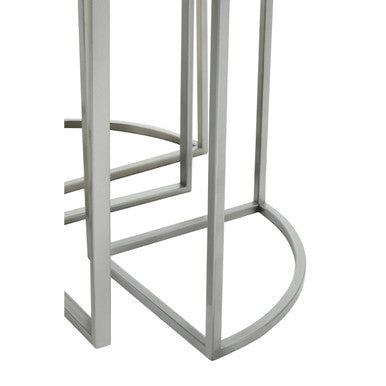 Set Of 5 Glass Top Silver Frame Nesting Tables With Geometric Design, Farran
