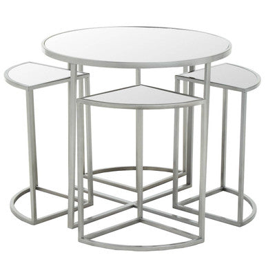 Set Of 5 Glass Top Silver Frame Nesting Tables With Geometric Design, Farran
