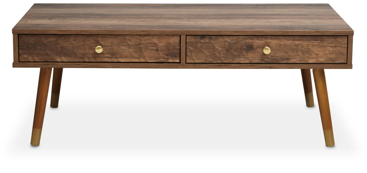 Brown Wood Veneer Coffee Table With 2 Drawers & Angular Wooden Legs, Frida