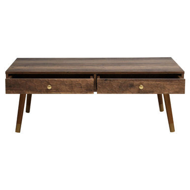 Brown Wood Veneer Coffee Table With 2 Drawers & Angular Wooden Legs, Frida