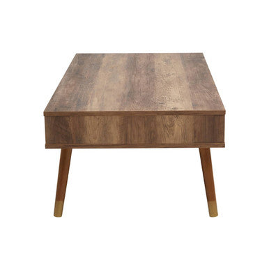 Brown Wood Veneer Coffee Table With 2 Drawers & Angular Wooden Legs, Frida