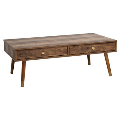 Brown Wood Veneer Coffee Table With 2 Drawers & Angular Wooden Legs, Frida