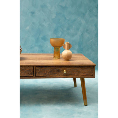 Brown Wood Veneer Coffee Table With 2 Drawers & Angular Wooden Legs, Frida