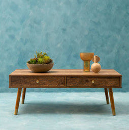 Brown Wood Veneer Coffee Table With 2 Drawers & Angular Wooden Legs, Frida