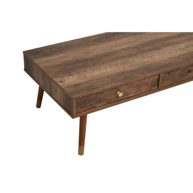Brown Wood Veneer Coffee Table With 2 Drawers & Angular Wooden Legs, Frida