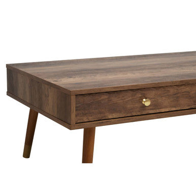 Brown Wood Veneer Coffee Table With 2 Drawers & Angular Wooden Legs, Frida
