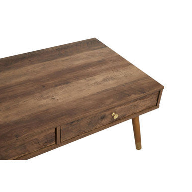 Brown Wood Veneer Coffee Table With 2 Drawers & Angular Wooden Legs, Frida