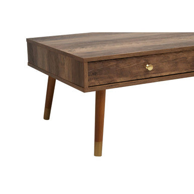 Brown Wood Veneer Coffee Table With 2 Drawers & Angular Wooden Legs, Frida