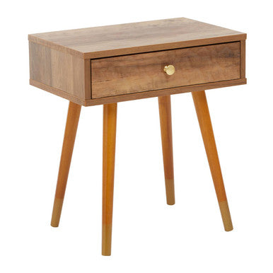Natural Brown Wood Bedside Table With 1 Drawer & Angular Legs, Frida