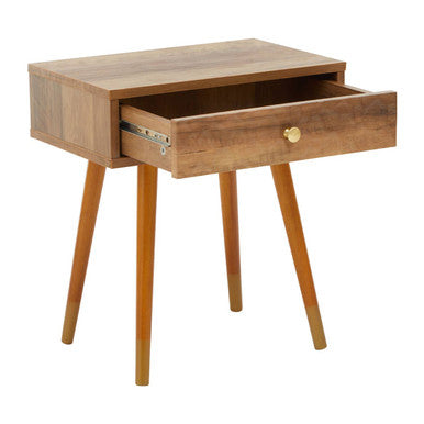 Natural Brown Wood Bedside Table With 1 Drawer & Angular Legs, Frida
