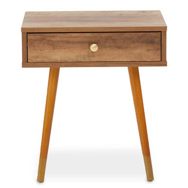 Natural Brown Wood Bedside Table With 1 Drawer & Angular Legs, Frida
