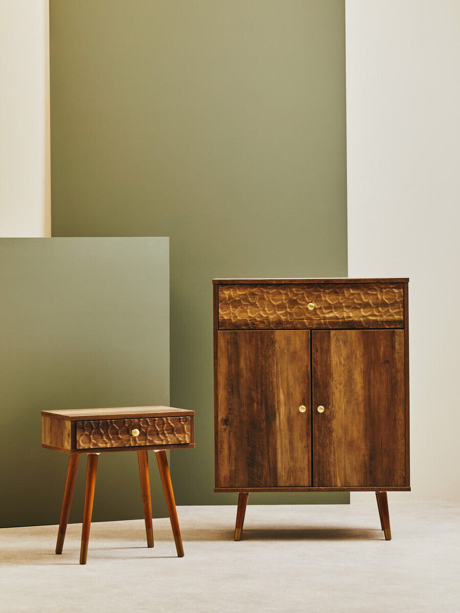Natural Brown Wood Bedside Table With 1 Drawer & Angular Legs, Frida