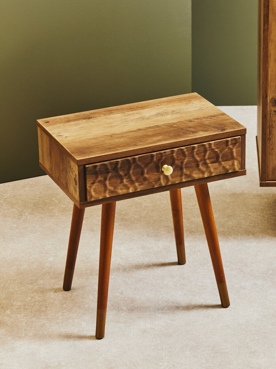 Natural Brown Wood Bedside Table With 1 Drawer & Angular Legs, Frida