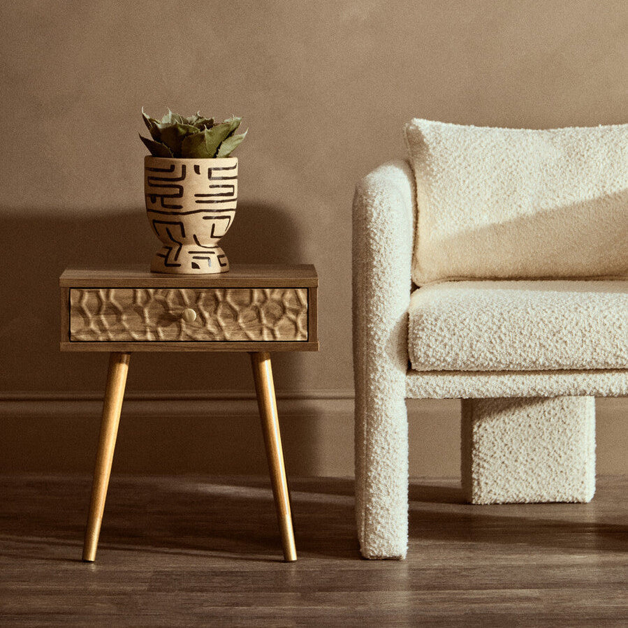 Natural Brown Wood Bedside Table With 1 Drawer & Angular Legs, Frida