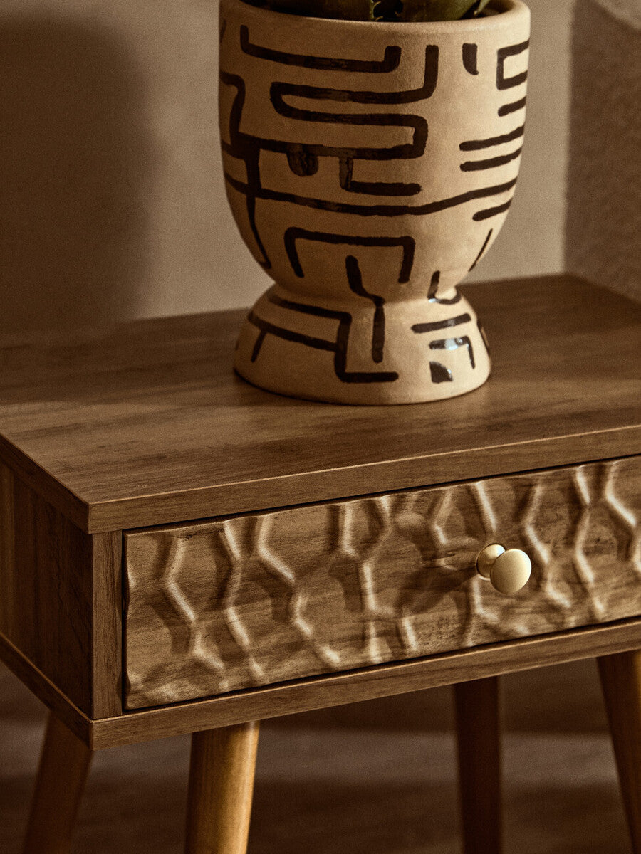 Natural Brown Wood Bedside Table With 1 Drawer & Angular Legs, Frida