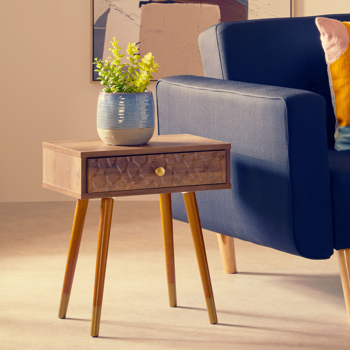 Natural Brown Wood Bedside Table With 1 Drawer & Angular Legs, Frida