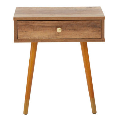 Natural Brown Wood Bedside Table With 1 Drawer & Angular Legs, Frida