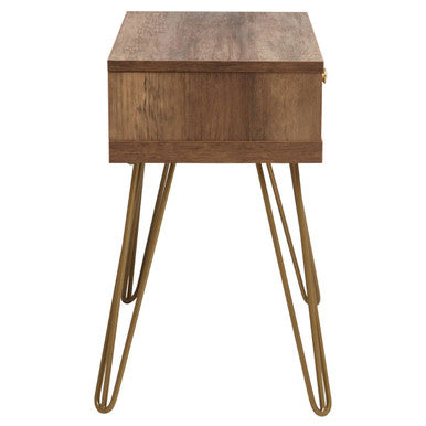Brown Wood Top 1-Drawer Side Table With Hairpin Legs, Flori