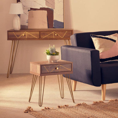 Brown Wood Top 1-Drawer Side Table With Hairpin Legs, Flori