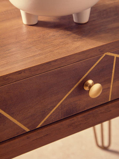 Brown Wood Top 1-Drawer Side Table With Hairpin Legs, Flori