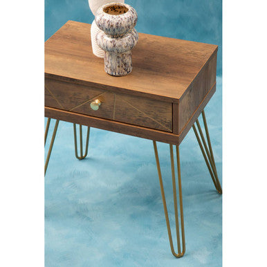 Brown Wood Top 1-Drawer Side Table With Hairpin Legs, Flori
