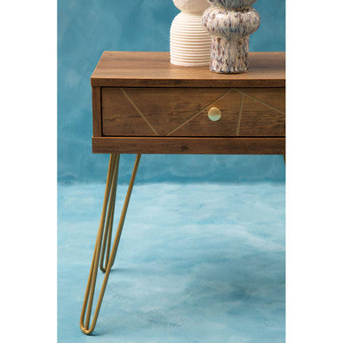 Brown Wood Top 1-Drawer Side Table With Hairpin Legs, Flori