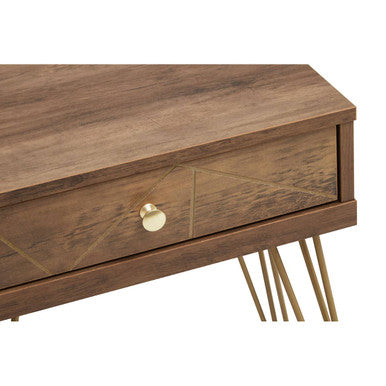 Brown Wood Top 1-Drawer Side Table With Hairpin Legs, Flori