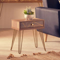 Brown Wood Top 1-Drawer Side Table With Hairpin Legs, Flori