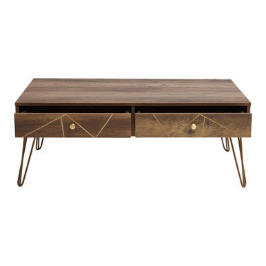 Brown Wood Top 2-Drawer Coffee Table With Hairpin Legs, Flori
