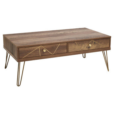 Brown Wood Top 2-Drawer Coffee Table With Hairpin Legs, Flori