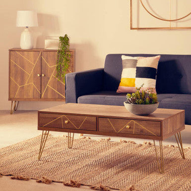 Brown Wood Top 2-Drawer Coffee Table With Hairpin Legs, Flori