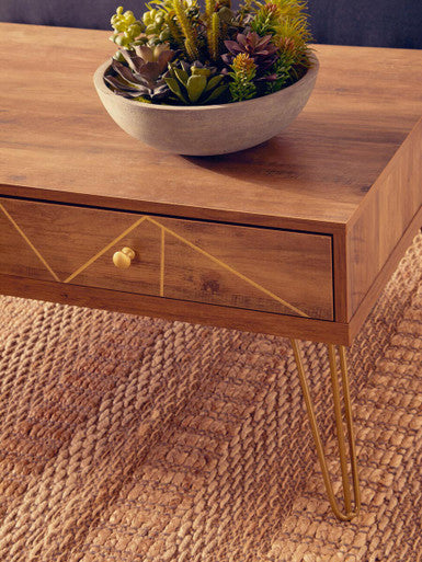 Brown Wood Top 2-Drawer Coffee Table With Hairpin Legs, Flori