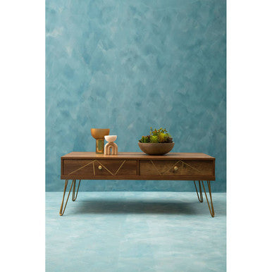 Brown Wood Top 2-Drawer Coffee Table With Hairpin Legs, Flori