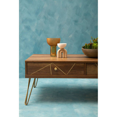 Brown Wood Top 2-Drawer Coffee Table With Hairpin Legs, Flori