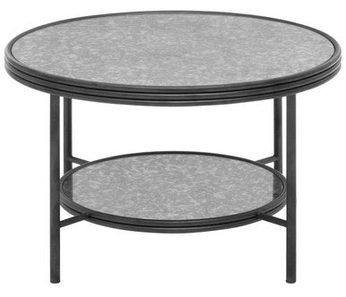Two Tier Antique Mirror Round Coffee Table With Black & Silver Frame, Xania