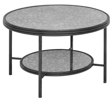 Two Tier Antique Mirror Round Coffee Table With Black & Silver Frame, Xania