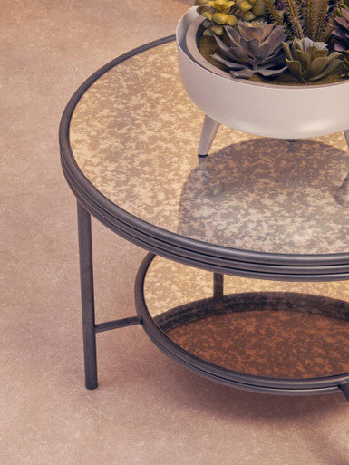 Two Tier Antique Mirror Round Coffee Table With Black & Silver Frame, Xania