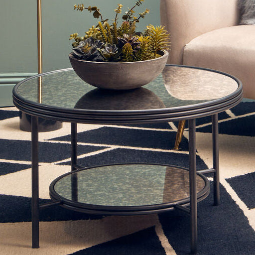 Two Tier Antique Mirror Round Coffee Table With Black & Silver Frame, Xania