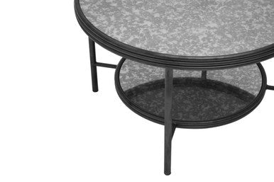 Two Tier Antique Mirror Round Coffee Table With Black & Silver Frame, Xania