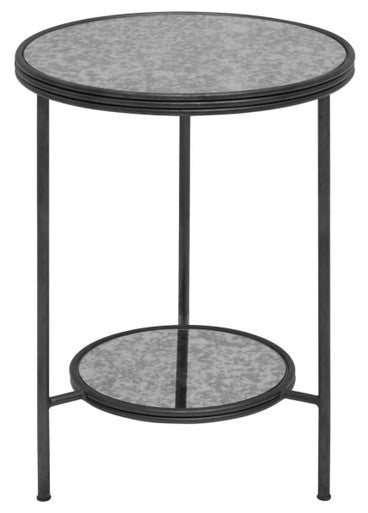 Black & Silver Metal Frame 2-Tier Side Table With Round Mirrored Glass Top, Xania