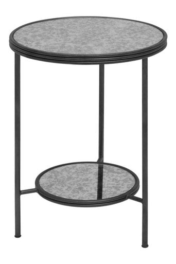 Black & Silver Metal Frame 2-Tier Side Table With Round Mirrored Glass Top, Xania