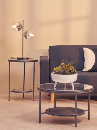Black & Silver Metal Frame 2-Tier Side Table With Round Mirrored Glass Top, Xania