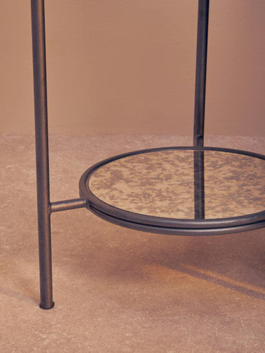 Black & Silver Metal Frame 2-Tier Side Table With Round Mirrored Glass Top, Xania